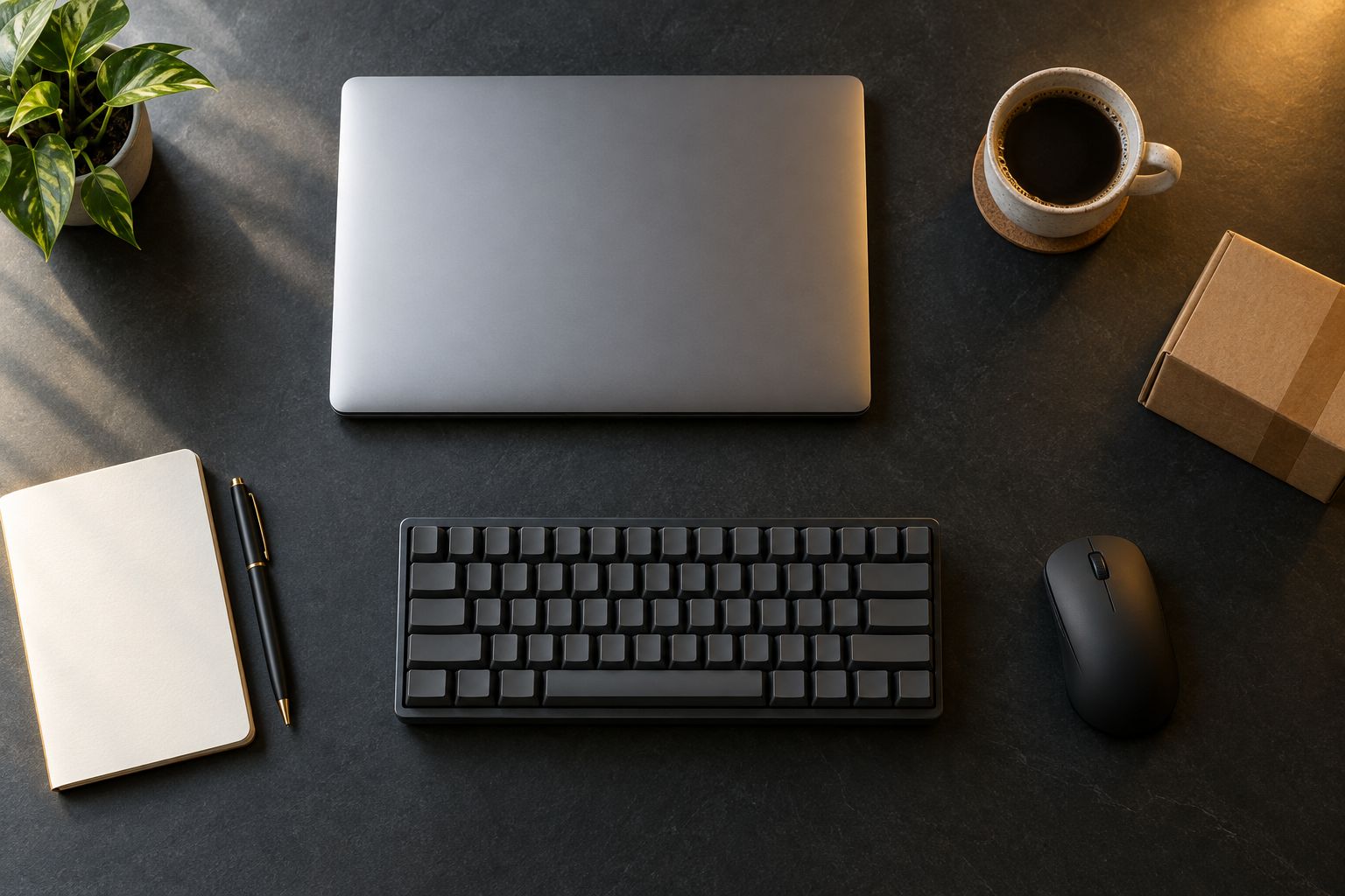 A laptop, keyboard, mouse, coffee cup and parcel laid out on a dark desk