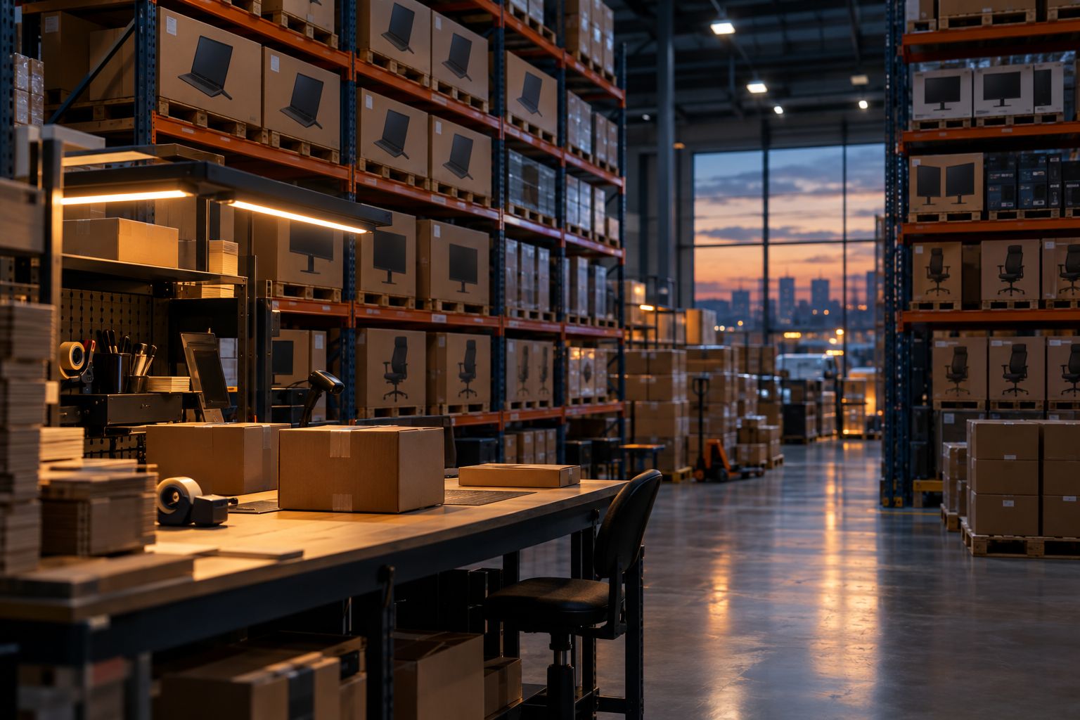 Racking stacked with boxed laptops, monitors and office chairs in a fulfilment warehouse
