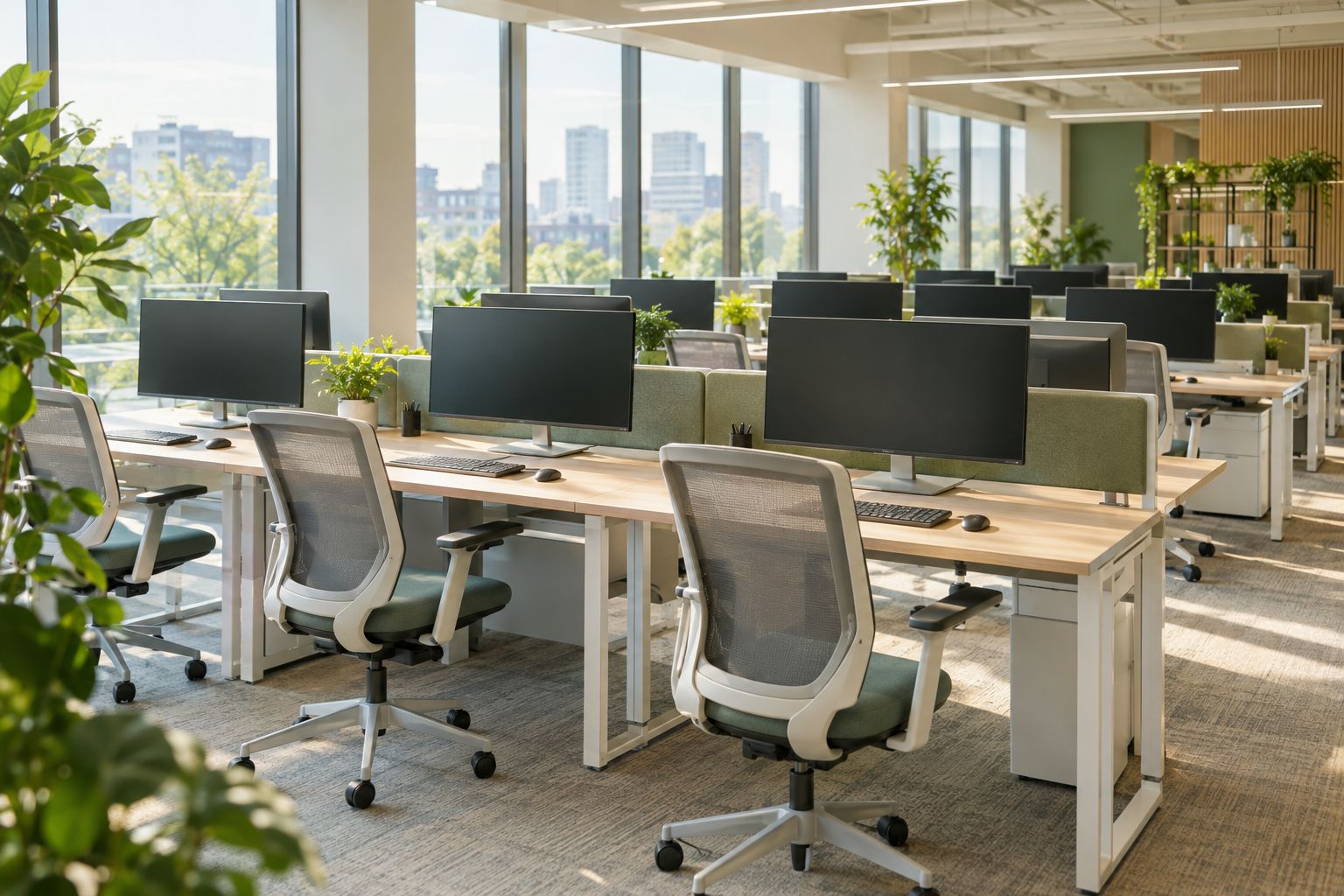 A newly fitted open-plan office with rows of monitors and ergonomic chairs